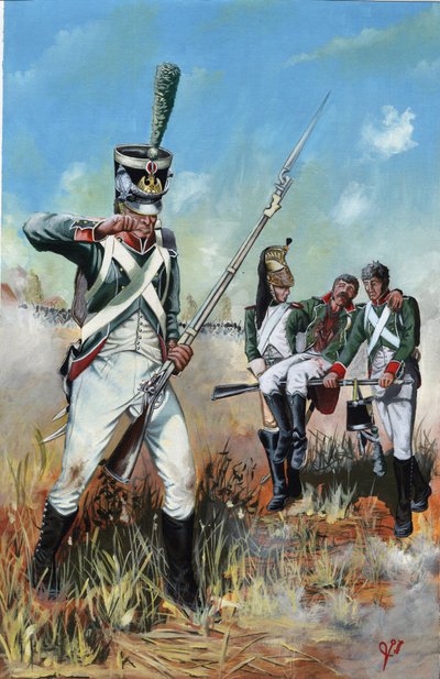 Första imperiet (1804-1814 och 1815): soldater från den stora Napoleonska armén i Italien för att hjälpa en skadad kamrat. Teckning av Alessandro Lonati av Alessandro Lonati