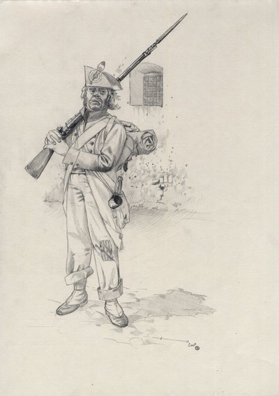 Första imperiet (1804-1814 eller 1815): soldat från Napoleonarmén, infanteristsoldat från en brigad ryttare i ett fort. Teckning av Alessandro Lonati av Alessandro Lonati
