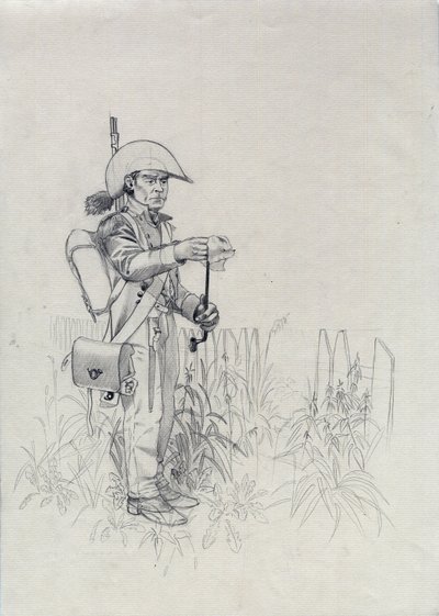Första imperiet (1804-1814 eller 1815): soldat från Napoleons armé, soldat infanterist jägare (infanterijägare). Teckning av Alessandro Lonati av Alessandro Lonati