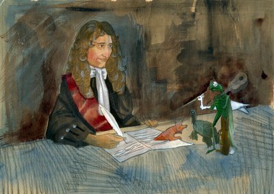Den franske författaren Jean de la Fontaine tittar på sina karaktärer av sina fabler Illustration av Alessandro Lonati av Alessandro Lonati