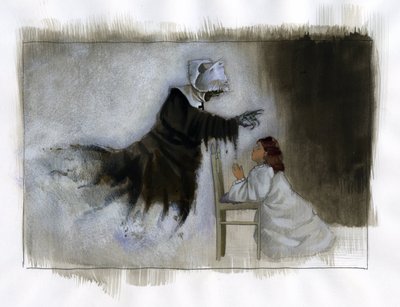 Spöke av en äldre nunna med krokiga händer dyker upp för en liten flicka som ber Illustration av Alessandro Lonati av Alessandro Lonati