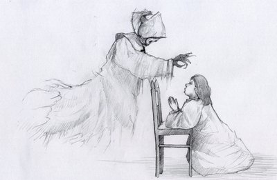 Spöke av en äldre nunna med krokiga händer dyker upp för en liten flicka som ber Illustration av Alessandro Lonati av Alessandro Lonati
