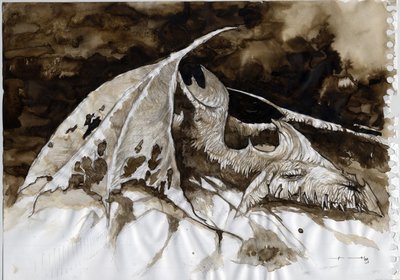 Illustration av ett fantastiskt och legendariskt djur: döda drakkroppar. Färgteckning av Alessandro Lonati. av Alessandro Lonati