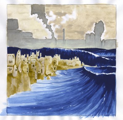 Illustration av myten om ön försvann under Atlantishavet (Atlantis): utsikt över det rastlösa havet efter vulkanens utbrott som översvämmade den legendariska ön. Färgteckning av Alessandro Lonati. av Alessandro Lonati