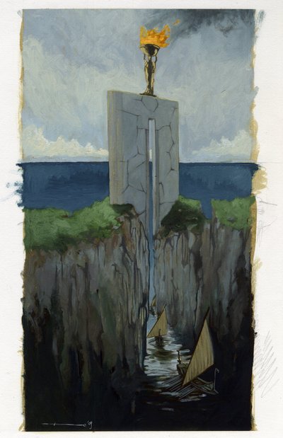 Illustration av myten om ön försvann under Atlantishavet (Atlantis): porten till den grekiska staden på den legendariska ön innan den försvann. Båtarna passerar mellan två klippor. Färgteckning av Alessandro Lonati. av Alessandro Lonati