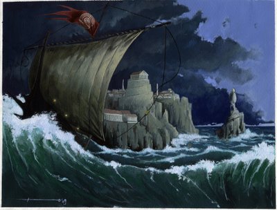 Illustration av myten om att ön försvann under Atlantishavet: utsikt över den grekiska staden på den legendariska ön innan den försvann. Färgteckning av Alessandro Lonati. av Alessandro Lonati