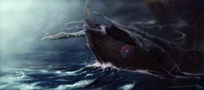 Legendary Creature: Dragon Attacking a Drakkar (Viking Boat) Teckning av Alessandro Lonati av Alessandro Lonati