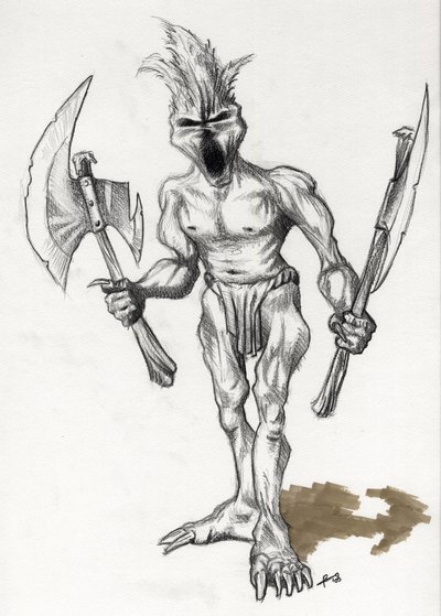 Legendariskt monster för Fantasy Illustration: trollkrigare med yxor. Teckning av Alessandro Lonati av Alessandro Lonati