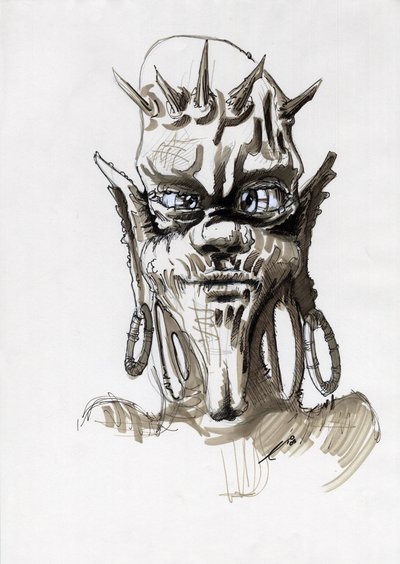Legendariskt monster för Fantasy-illustration: ansiktet på en stamvarelse eller troll. Teckning av Alessandro Lonati av Alessandro Lonati