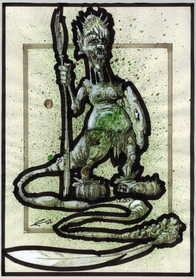 Legendariskt monster för Fantasy-illustration: ansiktet på en stamvarelse eller krigare med spjut, sköld och fjädersvans. Teckning av Alessandro Lonati av Alessandro Lonati