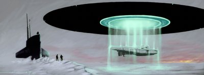 Möte på nordpolen mellan en u-boot-ubåt och ett flygande tefat (ufo, ufo eller utomjording) för att återställa en ubåt som tagits av utomjordingar under kriget. Teckning av Alessandro Lonati av Alessandro Lonati