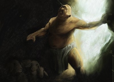 Odyssee av Homere: Cyclops Polypheme är blind av Ulysses i hans grotta. Illustration av Alessandro Lonati. 2010 av Alessandro Lonati