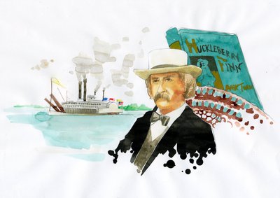 Porträtt av den amerikanske författaren Mark Twain (1835-1910) (Porträtt av den amerikanske författaren Mark Twain) Illustration av Alessandro Lonati av Alessandro Lonati