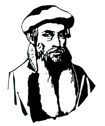 Porträtt av Johannes Gensfleisch dit Gutenberg (1400-1468), tysk tryckare (Porträtt av Johannes Gutenberg) Illustration av Alessandro Lonati av Alessandro Lonati