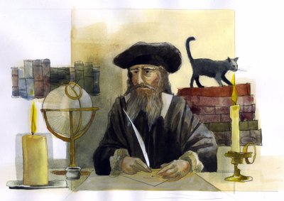 Porträtt av Michel de Notre Dame (Nostradamus) Engelsk astrolog - Porträtt av Nostradamus, Michel de Notre Dame (1503-1566) astrolog och doktor francais Illustration av Alessandro Lonati av Alessandro Lonati