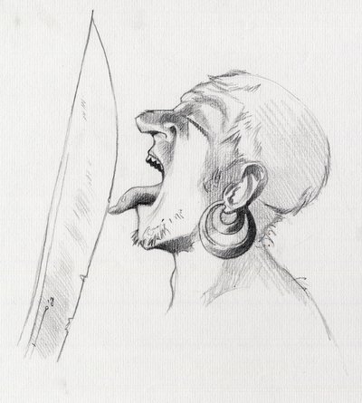Porträtt av en pirat (privatman) som trotsar svärdet genom att röra vid det med tungan. Teckning av Alessandro Lonati. av Alessandro Lonati