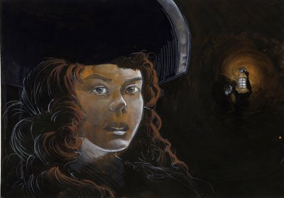 Porträtt av en piratkvinna (privatör) eller sjöman på natten, upplyst av en annan pirats lykta. Färgteckning av Alessandro Lonati. av Alessandro Lonati