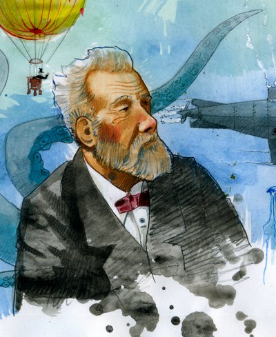 Porträtt av den franske författaren Jules Verne (1828-1905) (Porträtt av den franske författaren Jules Verne) Illustration av Alessandro Lonati av Alessandro Lonati