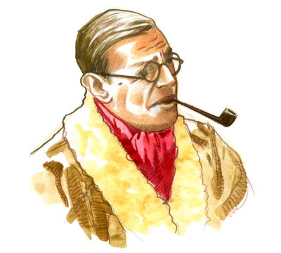 Porträtt av den franske författaren, filosofen och dramatikern Jean-Paul (Jean Paul) Sartre Teckning av Alessandro Lonati