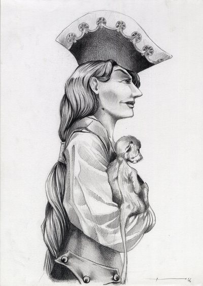 Profilporträtt av en piratkvinna från Karibien (privat), med en liten apa i famnen. Teckning av Alessandro Lonati. av Alessandro Lonati