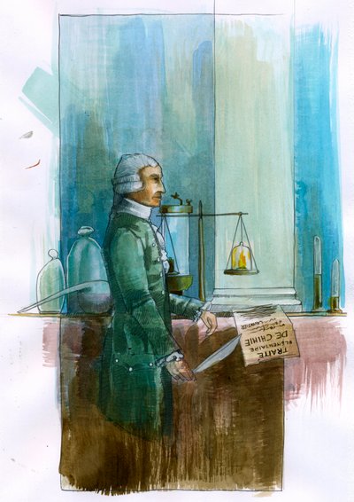 Representation av Antoine Lavoisier (1743-1794) fransk kemist, filosof och ekonom (porträtt av den franske adelsmannen och kemisten Antoine Lavoisier) Illustration av Alessandro Lonati av Alessandro Lonati