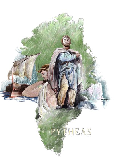 Representation av Pytheas grekisk upptäcktsresande från Massalia, 400-talet f.Kr. (Porträtt av Pytheas av Massalias grekiska geograf och upptäcktsresande, 400-talet f.Kr.) Illustration av Alessandro Lonati av Alessandro Lonati