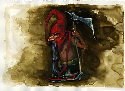 Representation av en röd mössa (röd mössa, powrie eller dunter, Red-Bonnet) legendarisk illvillig varelse från trollfamiljen från brittisk folklore - (röd mössa, illvillig mordisk dvärg, troll, elf eller älva som finns i Border Folklore) Illustration av Al av Alessandro Lonati