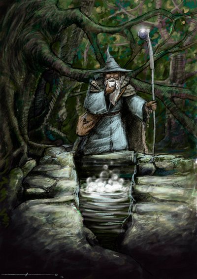 Representation av en druid som dricker vid den underbara fontänen Barenton, i skogen Broceliande - Illustration av Alessandro Lonati - 2012 - av Alessandro Lonati