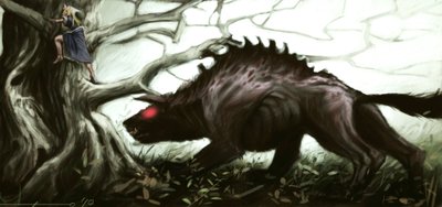 Representation av den legendariska beten av Gevaudan som attackerar en liten flicka uppflugen på ett träd. Illustration av Alessandro Lonati, 2010. av Alessandro Lonati