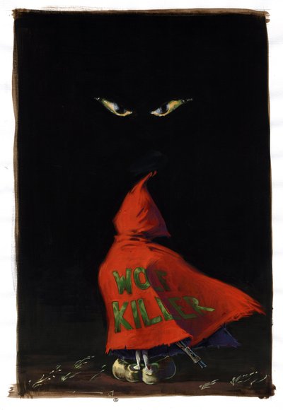 Revisited Little Red Riding Hood av Charles Perrault (1628-1703): Rödluvan vänder sig mot vargens ögon i mörkret med ett hagelgevär gömt under hans röda rock "Wolf Killer"". Teckning av Alessandro Lonati av Alessandro Lonati