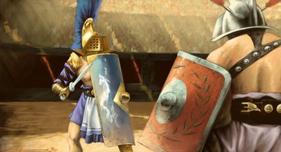 Romersk konst: duell av gladiatorer mellan en mirmillo gladiator (till vänster) och en thrace i en amfiteater. Teckning av Alessandro Lonati av Alessandro Lonati