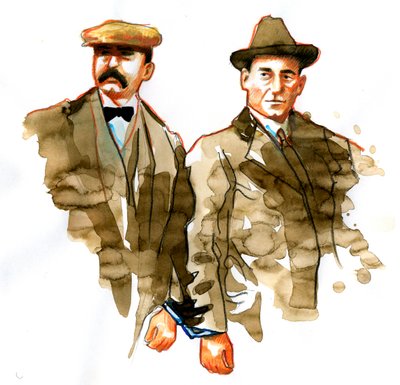 Sacco och Vanzetti-affären: porträtt av de italienska anarkisterna Bartolomeo Vanzetti (till vänster) och Nicola Zacco - (Porträtt av de italienska anarkisterna Bartolomeo Vanzetti (till vänster) och Nicola Sacco) av Alessandro Lonati