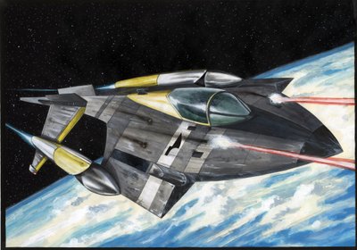 Science fiction-illustration: Rymdskepp med erövring av rymden eller universum drar laserstrålar över planeten jorden. Teckning av Alessandro Lonati av Alessandro Lonati