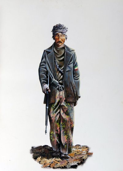 Andra världskriget: en medlem av det italienska motståndet (makis eller gerilla, partisan) (Resistenza Italiana), iklädd kamouflagekostym och vapen med maskingevär. 1943-1945. Illustration av Alessandro Lonati av Alessandro Lonati