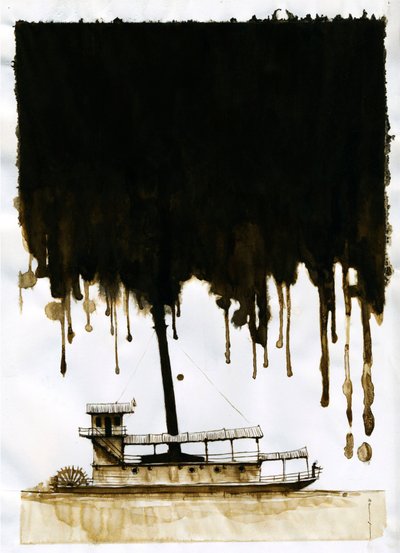 Steamship Illustration av den nya "" In the Heart of Darkness"" av Joseph Conrad. 2012 av Alessandro Lonati