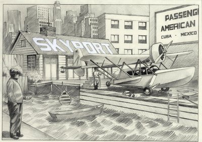 USA, New York: utsikt över havsflygplatsen med ett sjöflygplan som väntar på avkolning på 1950-talet. Teckning av Alessandro Lonati av Alessandro Lonati