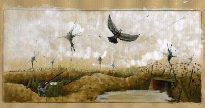 Första världskriget: en passagerarduva som bär ett meddelande som riktats till en tysk soldat i en skyttegrav som försöker återställa ett meddelande 1914-1918 (WWI: en tysk soldat som skjuter på en målduva som bär ett meddelande av Alessandro Lonati