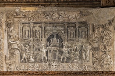 Teaterproduktioner kurerade av akademin, Hall of the vestibule (monokrom fresk) av Alessandro Maganza