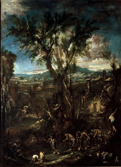 Fantastiskt landskap med munkar Målning av Alessandro Magnasco dit il Lissandrino (1667-1749) 1720 Dim.237x175 cm Pinacoteca di Brera Milan av Alessandro Magnasco