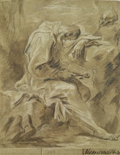 Eremit (röd krita, bläck och olja på papper) av Alessandro Magnasco