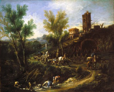 Landskap med zigenare och tvättkvinnor (olja på duk) av Alessandro Magnasco