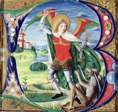 Historikert initial "B" föreställande St. Mikael och draken, 1499-1511 av Alessandro Pampurino