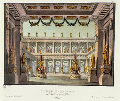 En magnifik plats: utsikt över ett tempel Scenografi för representation av det lyriska dramat "" Enea nel Lazio "" (1799) av Giuseppe Sarti. Litografi i "" Samling av natursköna uppfinningar från 1830 av Alessandro Sanquirico (1777-1849) ". Privat Milanese av Alessandro Sanquirico