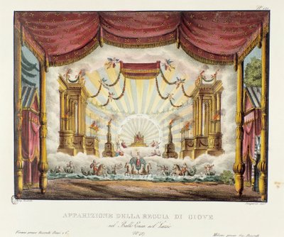 Utseende av Jupiters rike Scenografi för representation av operadramat "" Enea nel Lazio "" (1799) av Giuseppe Sarti. Litografi i "" Samling av natursköna uppfinningar från 1830 av Alessandro Sanquirico (1777-1849) ". Milanesisk privat kol av Alessandro Sanquirico