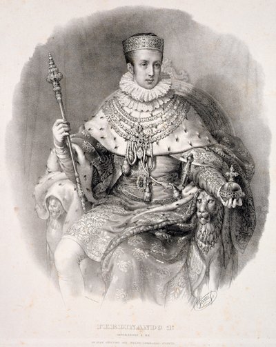 Ferdinand I (1793-1875), kung av Lombardiet-Venetien, i statskläder, från "Coronation of SMIRA Ferdinand I, the King of the Kingdom of Lombardy-Venetia", publicerad 1838. av Alessandro Sanquirico