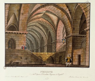 Norfolk besöker fången Leicester i scenografifängelset för föreställningen 1828 av operan "Elisabetta, Regina d