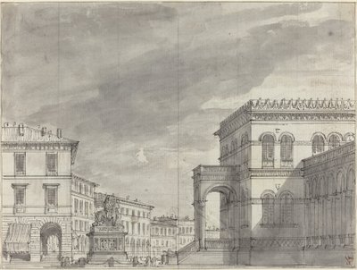Piazza med ett ryttarmonument och ett palats av Alessandro Sanquirico