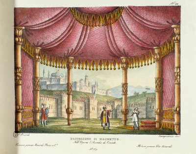 Muhammeds paviljong (akt II) Scenografi för föreställningen på Teatro alla scala i Milano 1829 av operan "Belägringen av Korinth" (eller belägringen av Korinth) av Gioacchino Rossini (eller Gioachino) (1826). Litografi i "" samling uppfinningar av Alessandro Sanquirico