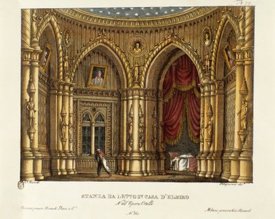 The bedroom of Elmire (eller Elmiro) Scenografi för operan "" Otello"" av Gioacchino Rossini (eller Gioachino) (1816) efter William Shakespeares verk "Othello or the Moor of Venice") 1830 (litografi) av Alessandro Sanquirico