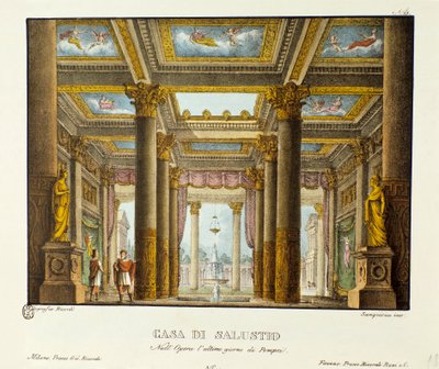 Vy över House of Salustio (Saluste) Scenografi för representation av Giovanni Pacinis "The Last Day of Pompei" (The Last Day of Pompei). Litografi i "" Samling av natursköna uppfinningar från 1830 av Alessandro Sanquirico (1777-1849) ". Milano av Alessandro Sanquirico